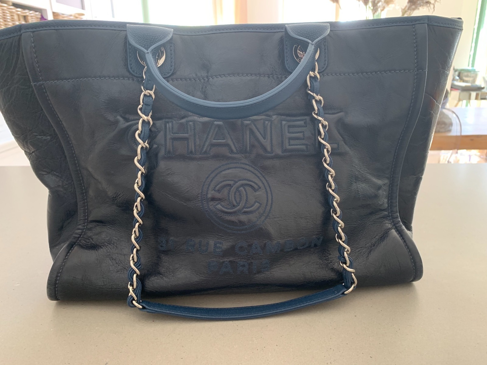 Deauville Leather Blue Silver Chain Tote