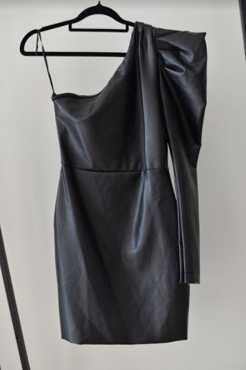 MESHKI Leatherette One Shoulder Puff Sleeve Dress - Black BNWT Size 8 - AirRobe MESHKI Leatherette One Shoulder Puff Sleeve Dress - Black BNWT Size 8 - AirRobe