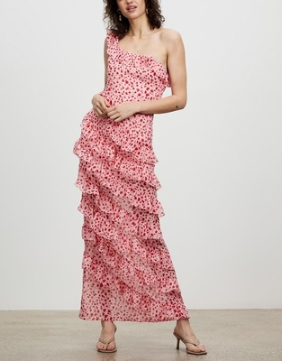 chinese dress ladies Tiered High-Low Ruffle Maxi Dress in Pink Pink / Small main image 0