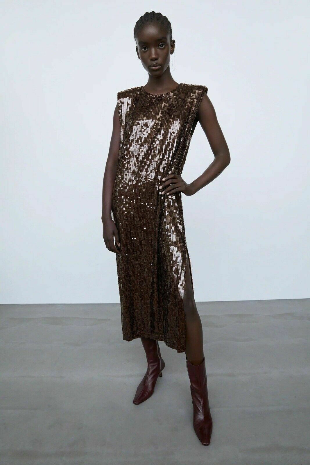 chocolate brown dress zara Elegant Midi Length Long Lantern Sleeves Chiffon Wedding Guest Dresses main image 1