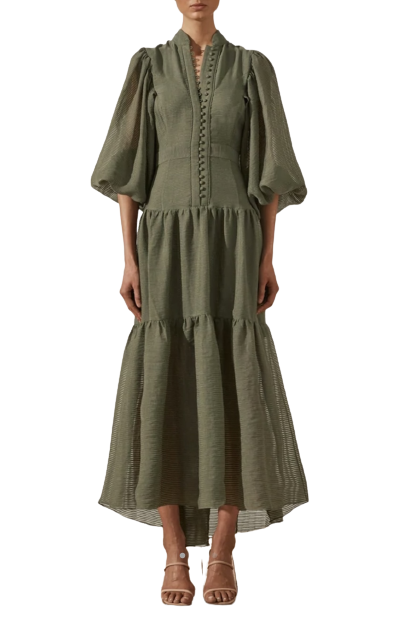 knee length dresses for ladies Shona Joy - Otis Draped High Neck Midi Dress - Black main image 0