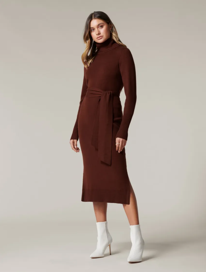 long sleeve ribbed knit dress Anna-Kaci Women's Long Sleeve Ribbed Knit Dress with Puff Shoulders, Crew Neckline, and Soft Stretch Fit, Large 12-14 / Brown main image 1