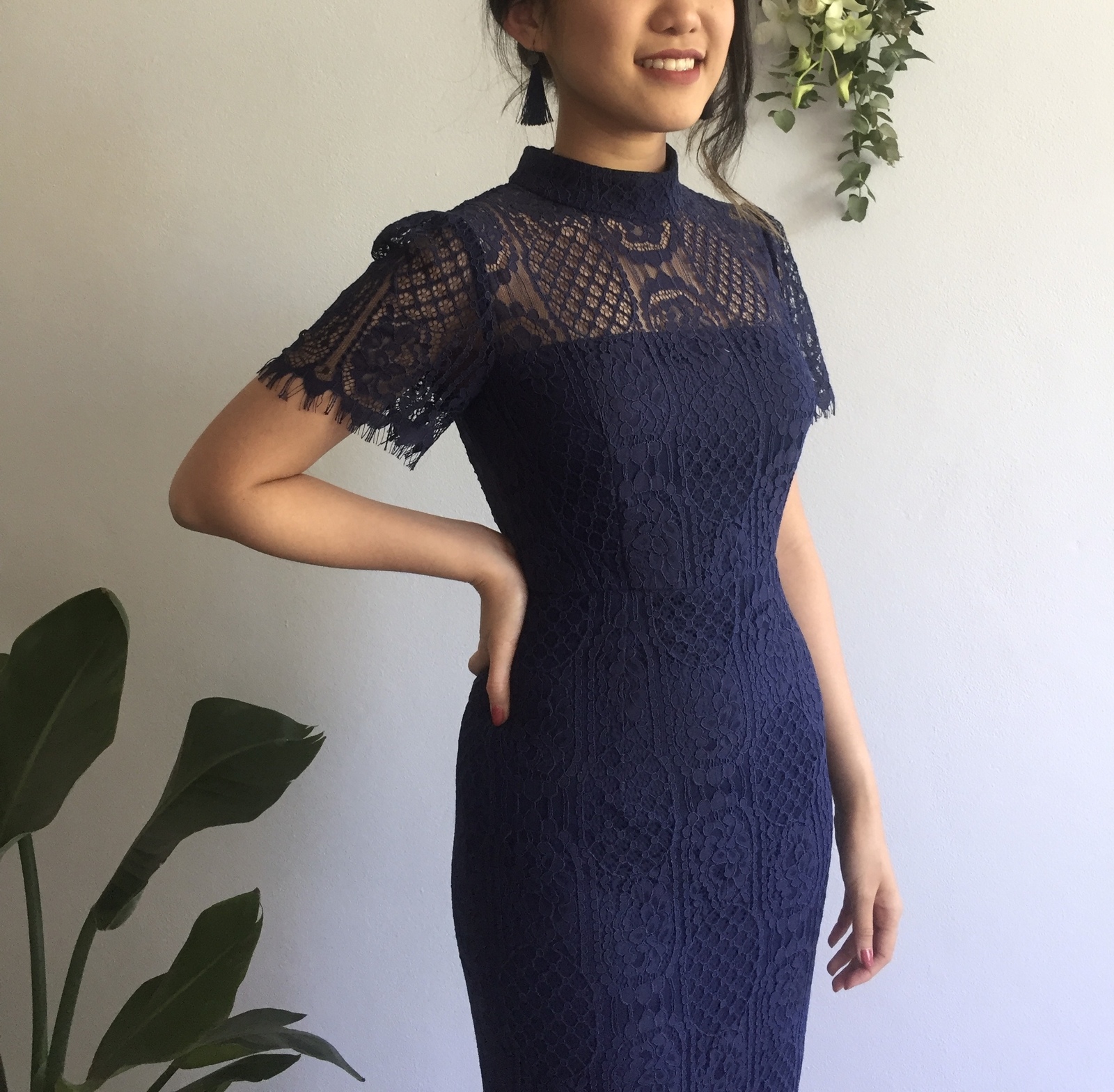 slim fit dress slacks Forget Me Not Criss-Cross Back Lace Bodycon Dress Navy– Selfie Leslie main image 1