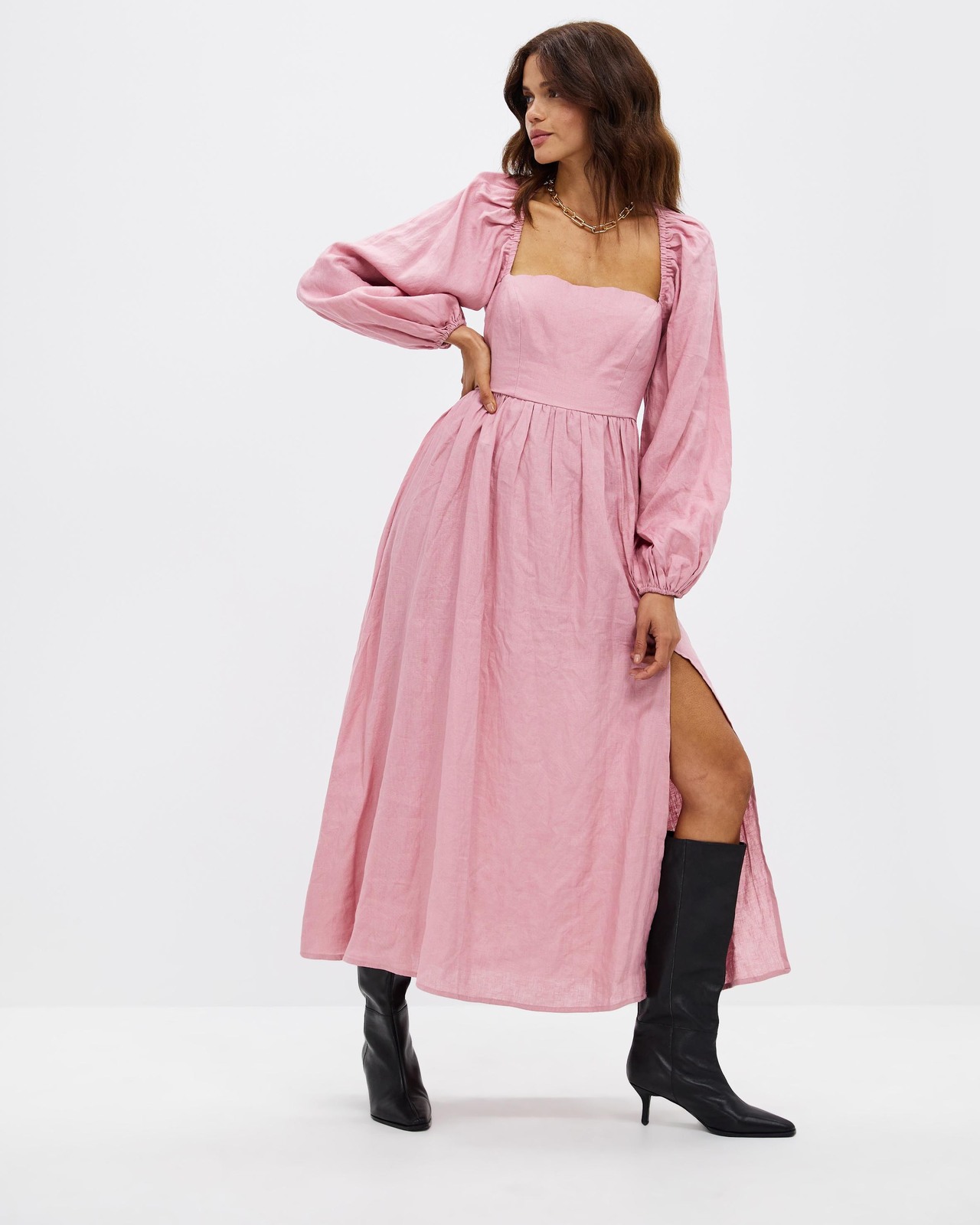 knee length dresses for ladies Square-neck linen flared midi dress