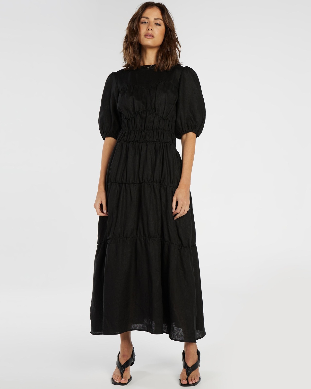 knee length dresses for ladies Zara White Tiered Cotton-Linen Midi Dress main image 1