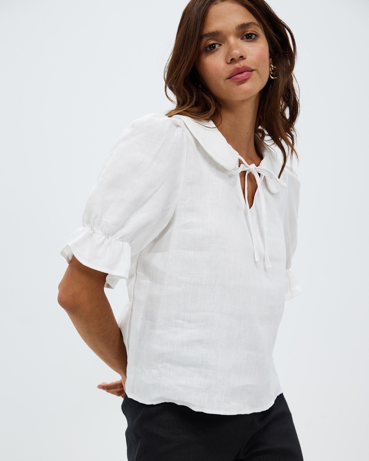 Tie Front Linen Top With Collar AirRobe
