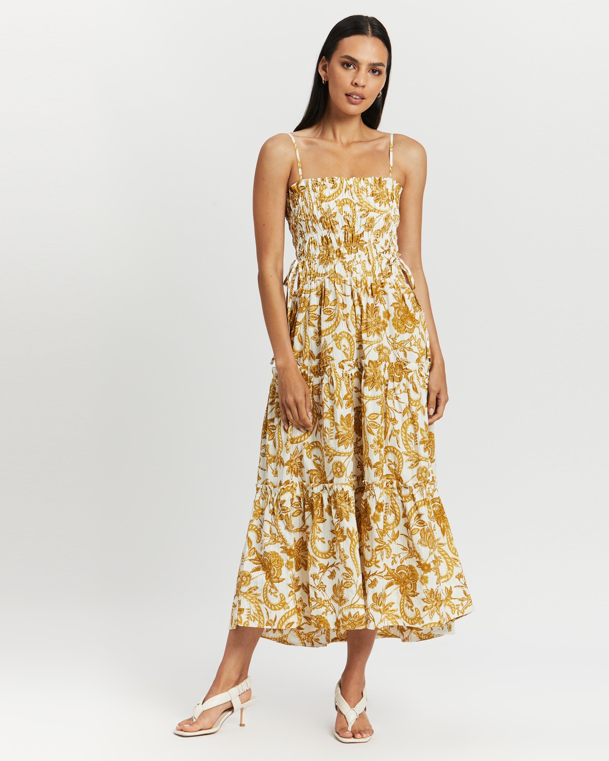 Shona Joy Saffron Shirred Tiered Midi Dress - AirRobe