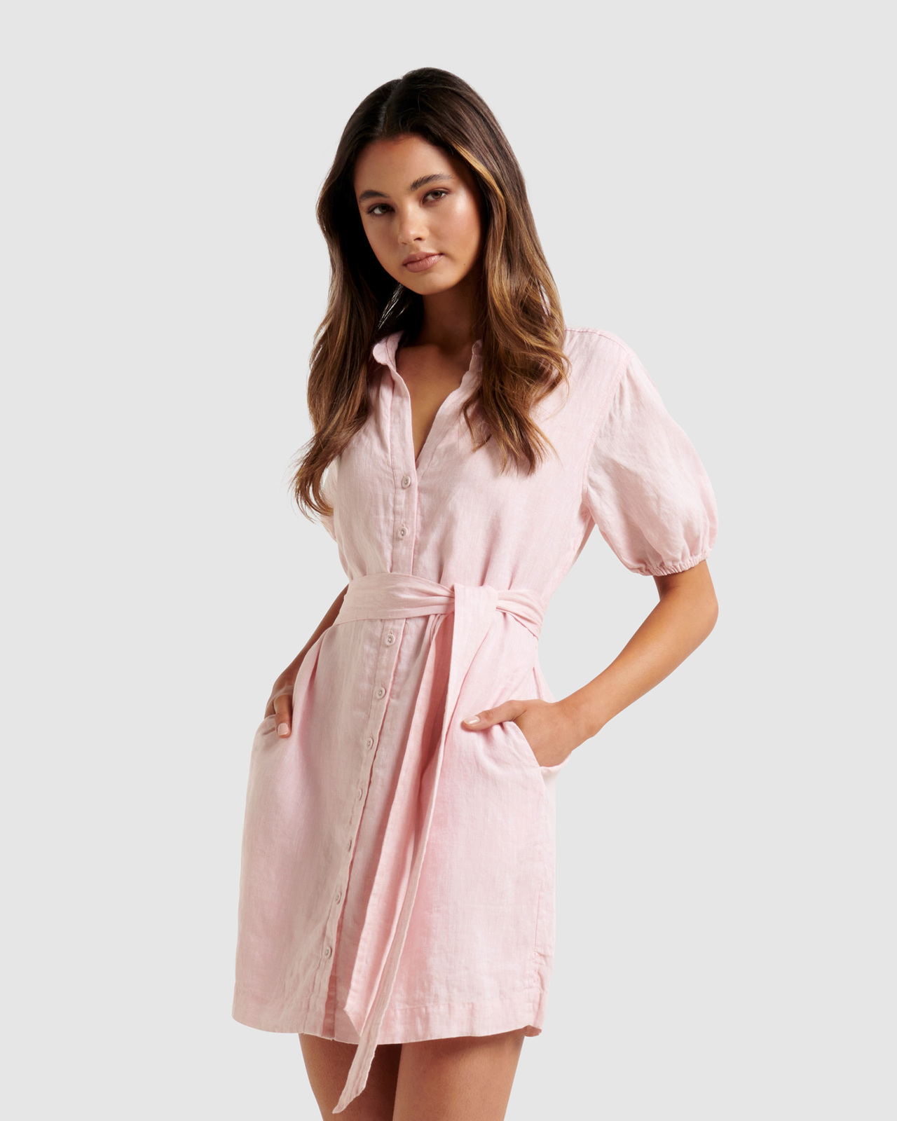 forever new pink linen dress Lola Linen Flutter-Sleeve Mini Dress in Pink - Size 4 to 16