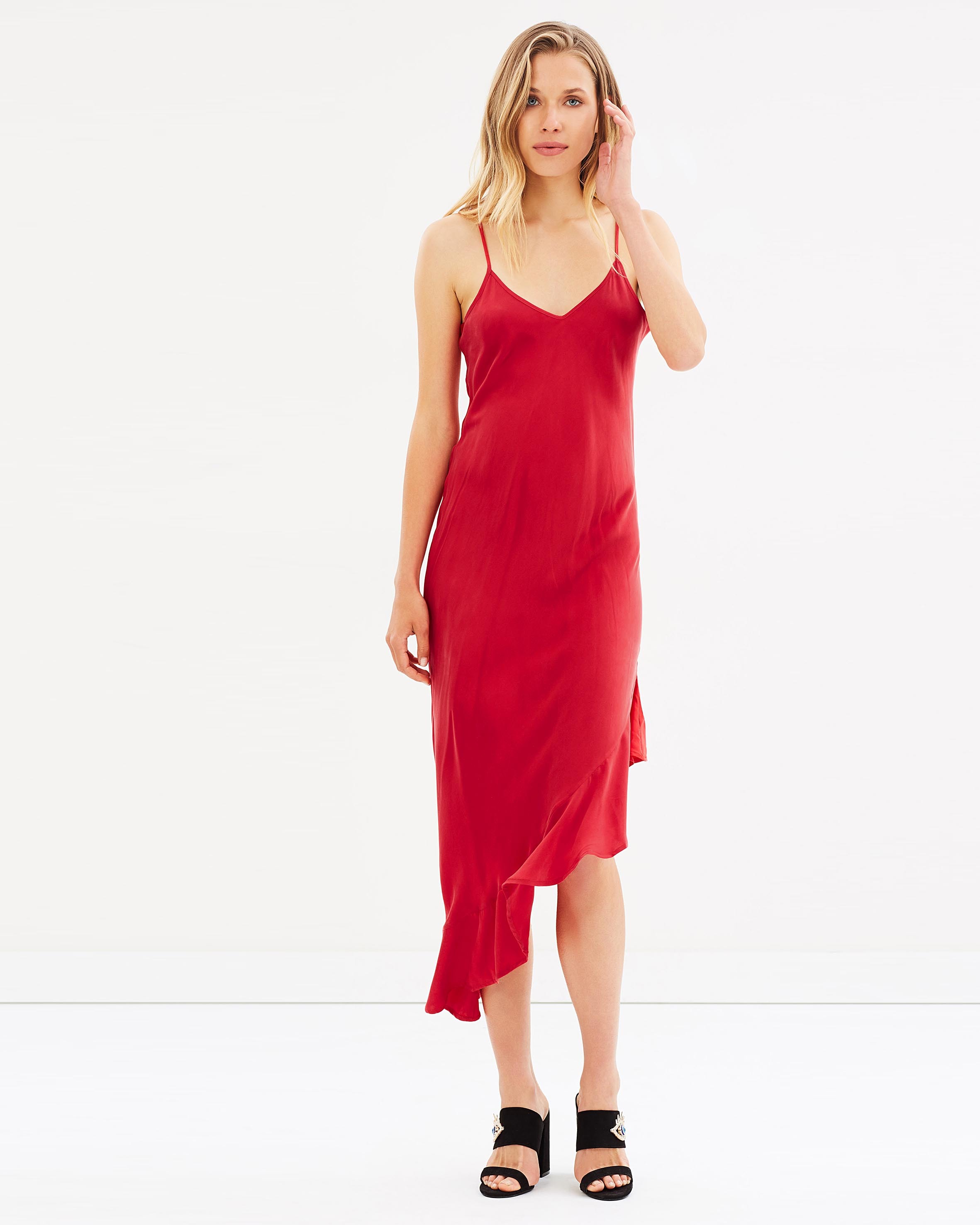 silk laundry red dress Silk Laundry Asymmetric Ruffle Slip Dress