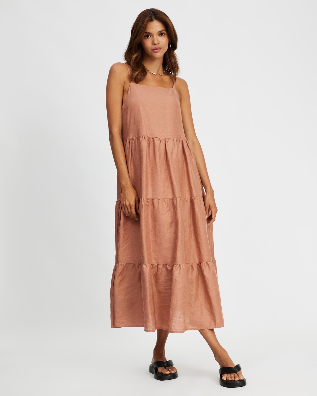 AERE High Neck Tiered Linen Dress - AirRobe