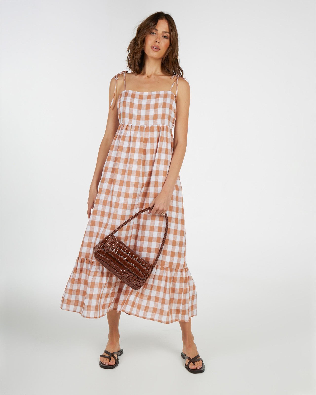 Check Linen Relaxed Midi Dress