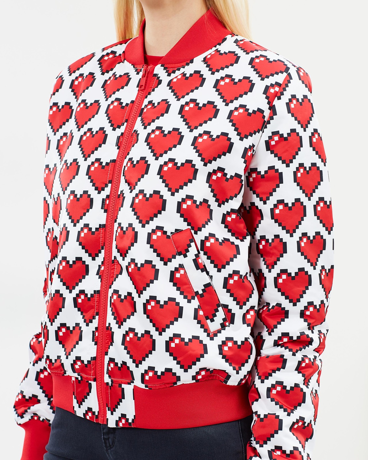 LOVE MOSCHINO All-Over Pixel Heart Bomber Jacket Size M - AirRobe