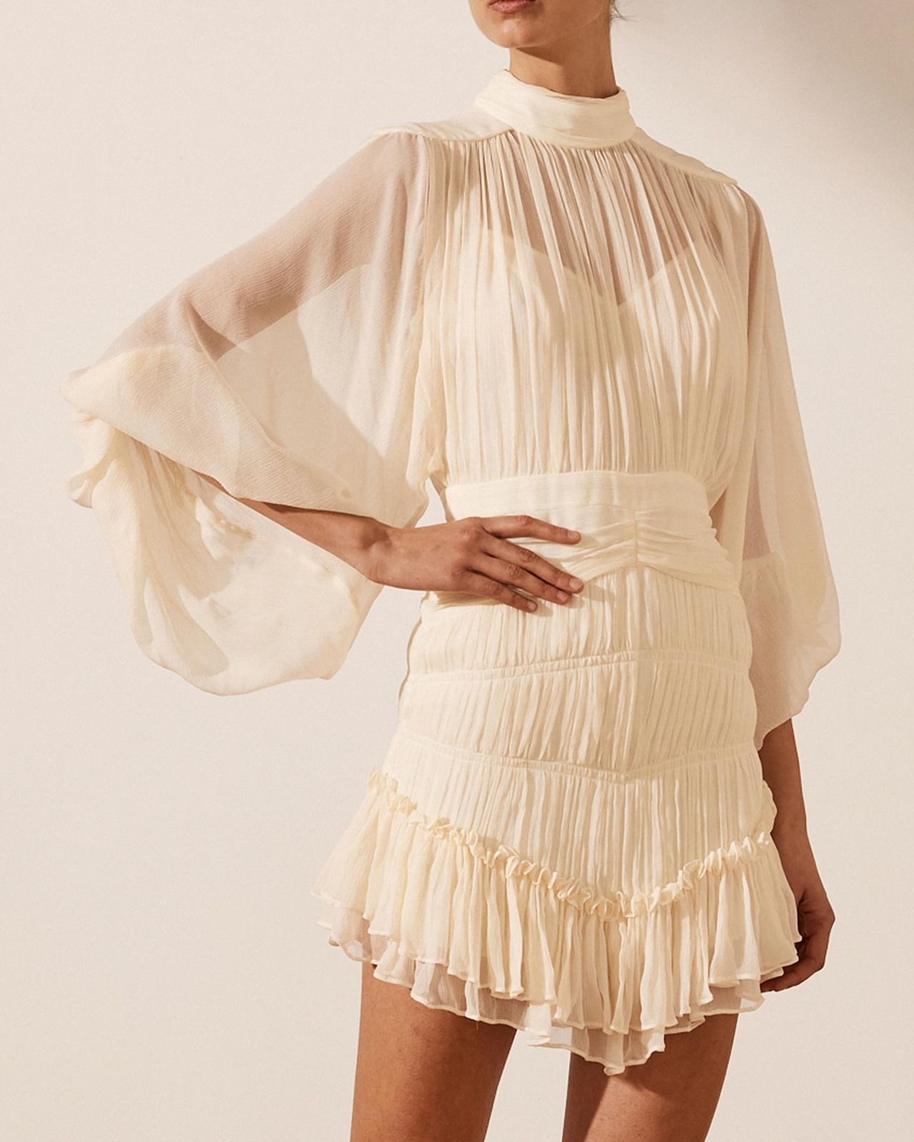 shona joy victoria long sleeve ruched mini dress The Victoria Long Sleeve Ruched Mini Dress in Cream spotted on  @alexandra__sage #ShonaJoy