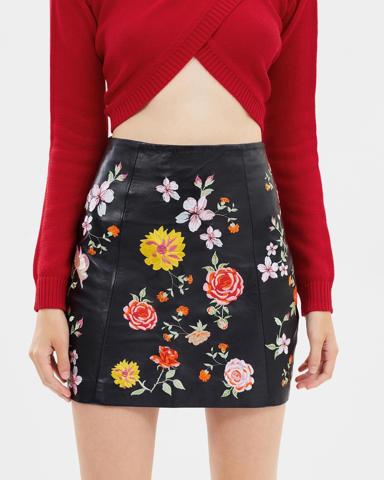Botanica Embroidered Leather Skirt