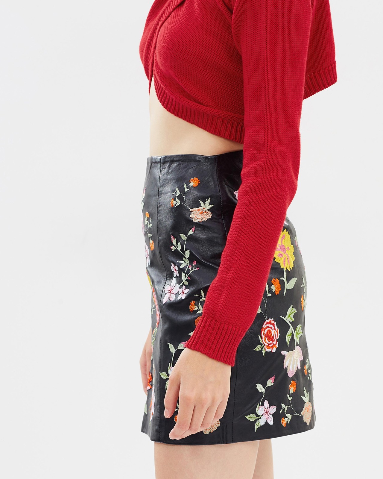 Botanica Embroidered Leather Skirt