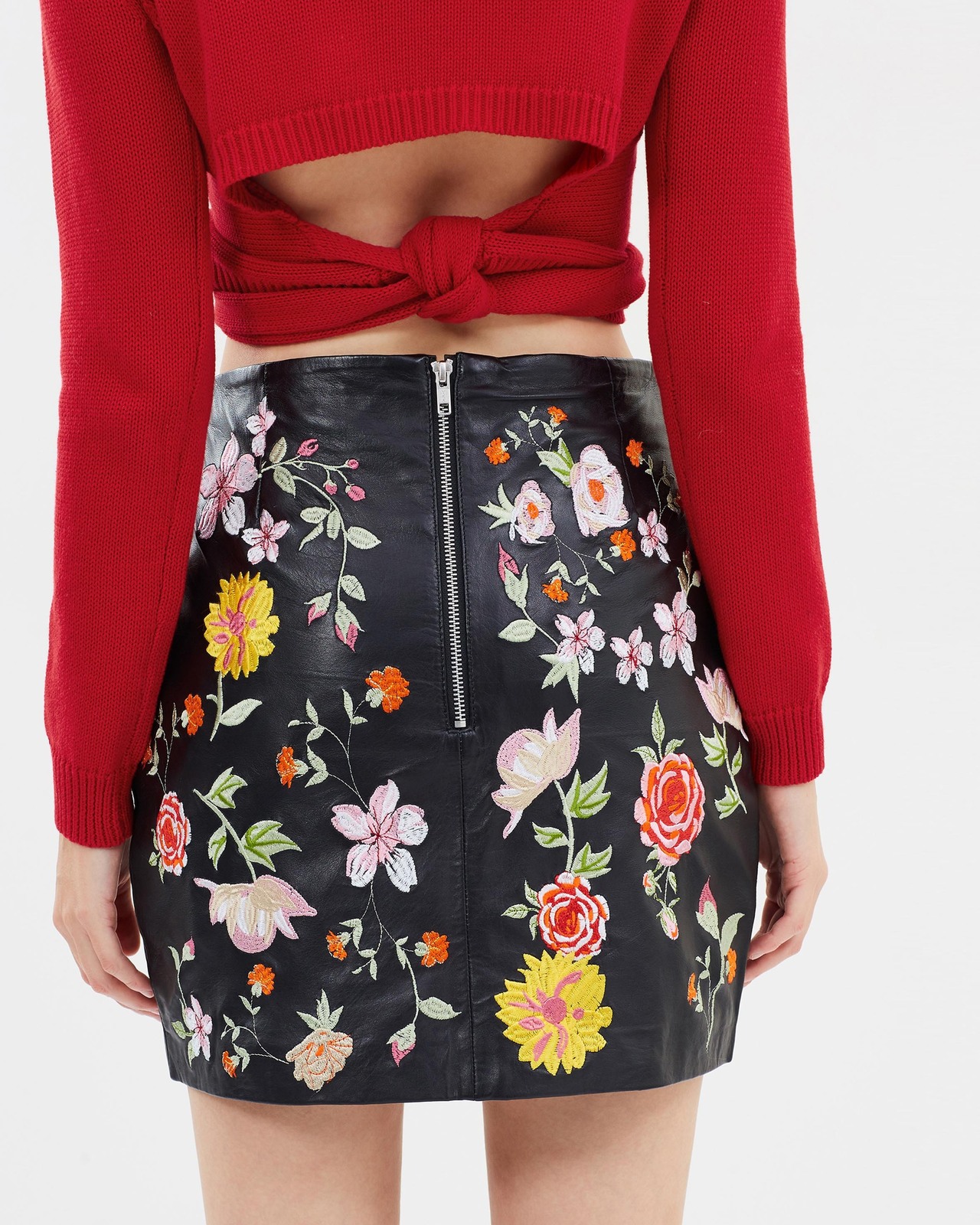 Botanica Embroidered Leather Skirt