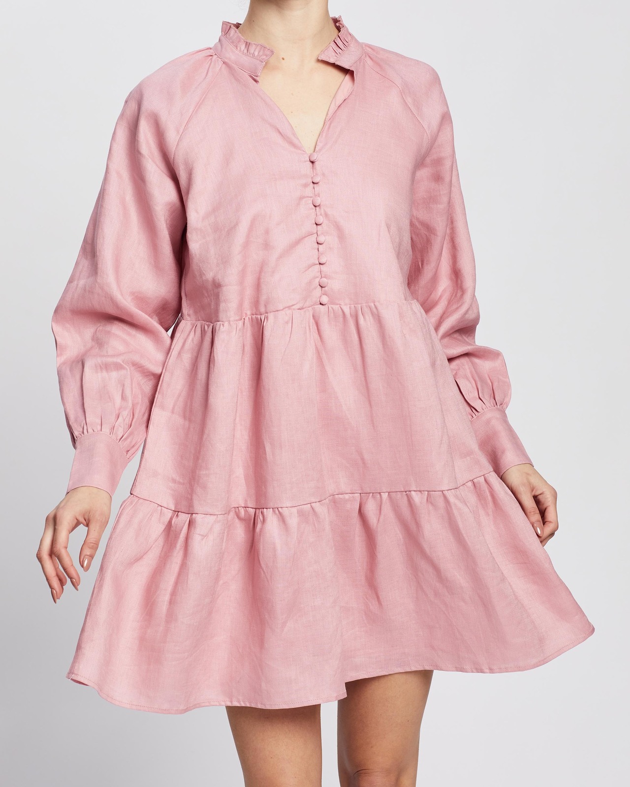 Linen Frill Neck Smock Dress
