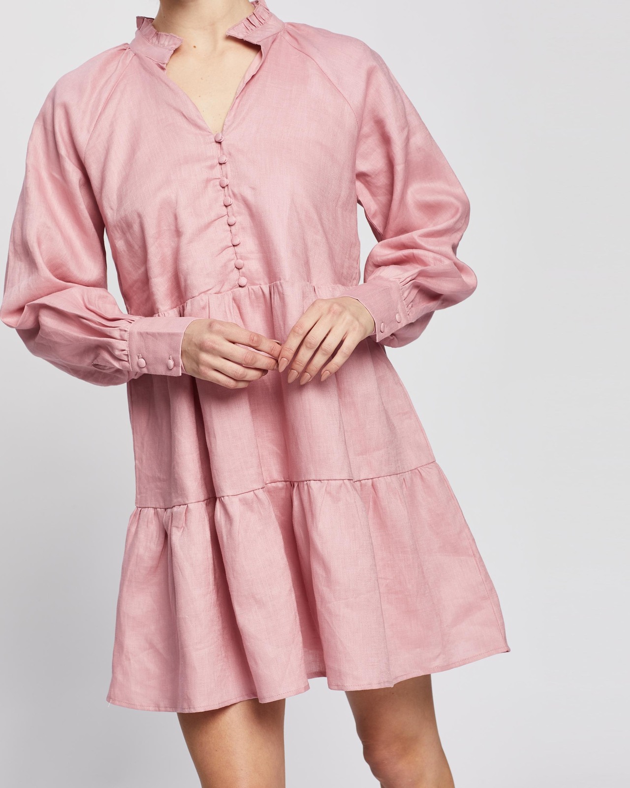 Linen Frill Neck Smock Dress