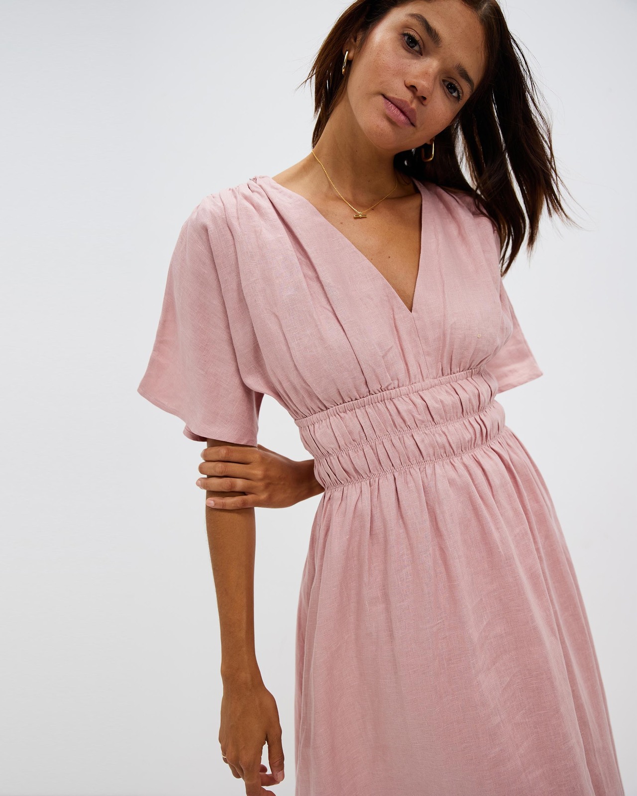 AERE Linen Shirred Midi Dress