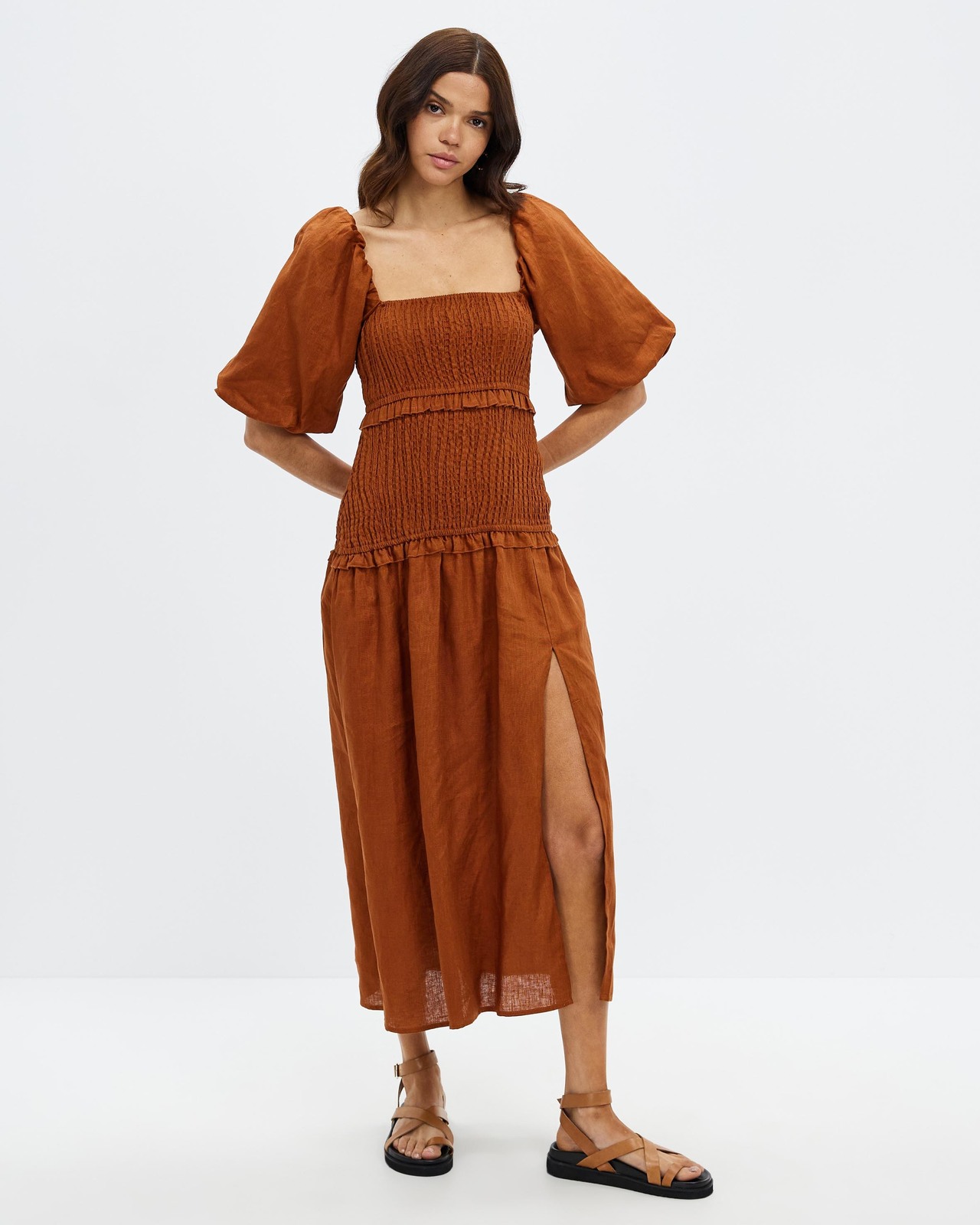 Shirred Linen Puff Sleeve Midi Dress