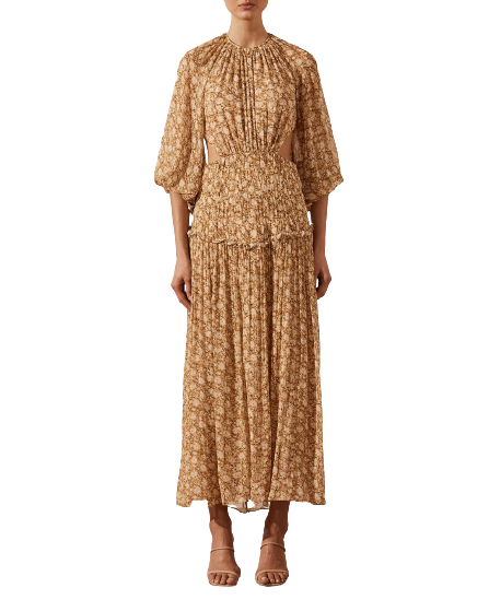 shona joy brown floral dress Shona Joy Blossom Plunged Midi Dress in Choc/Multi – Coco & Lola main image 0