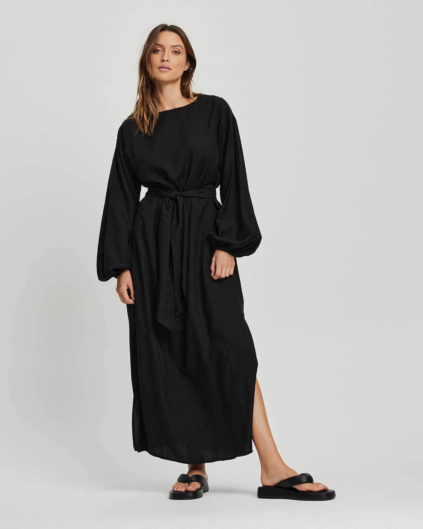 knee length dresses for ladies Cosmos Black Asymmetric Long-Sleeve Split Maxi Dress  Club L London