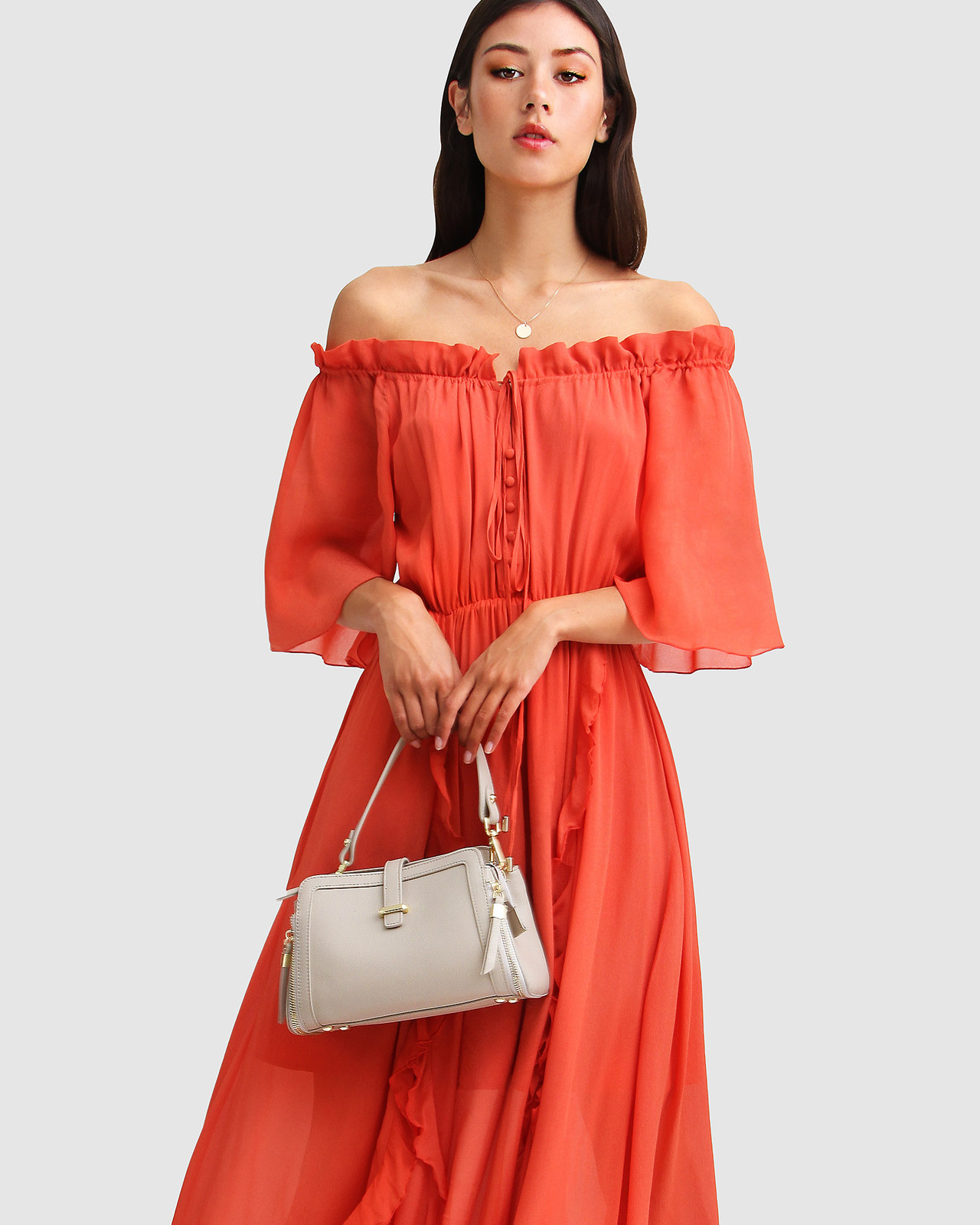 knee length dresses for ladies Arielle Off Shoulder Ruffle Midi Dress / Plum | Meshki main image 1