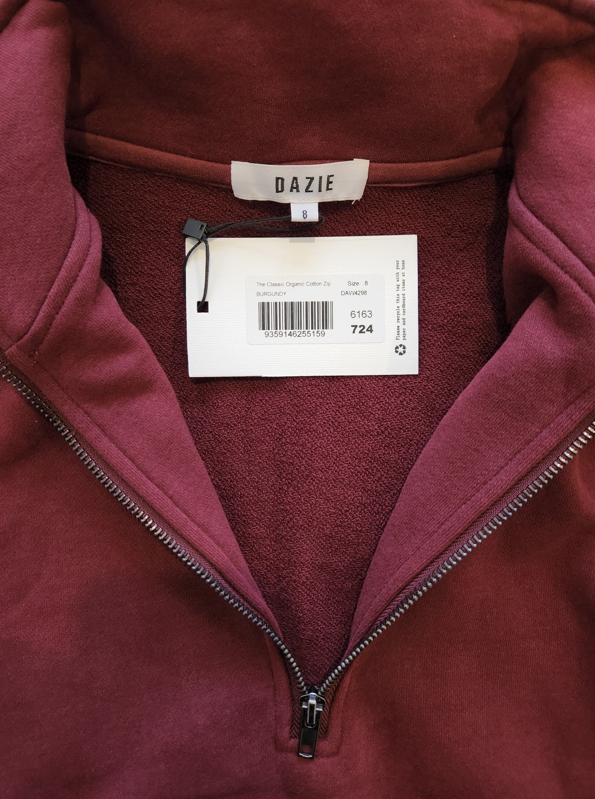 The Classic Organic Cotton Zip Thru Sweat Top (Burgundy)