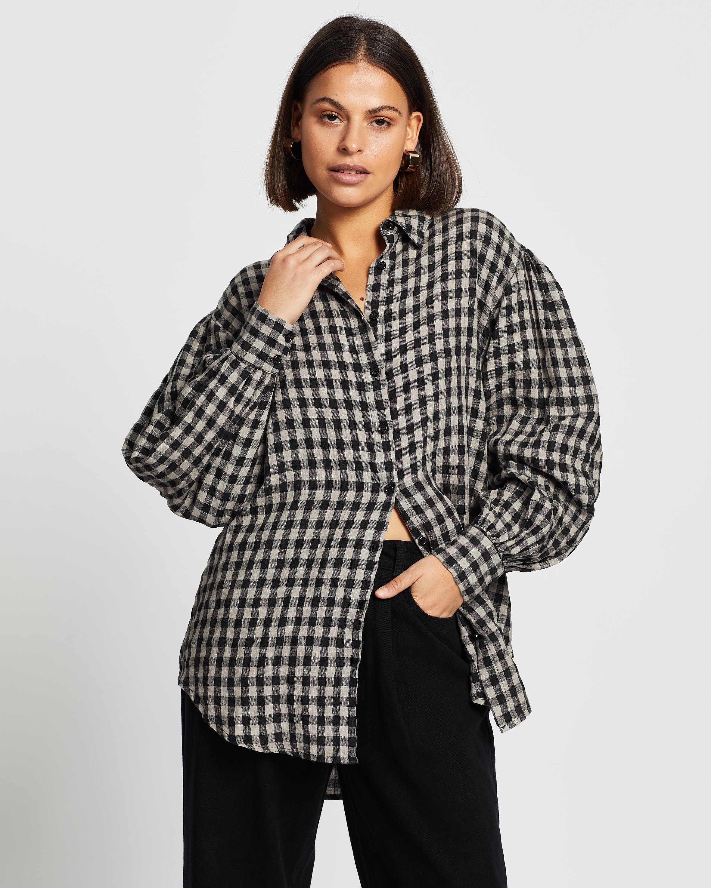 【SATIIIZ】Ruten Oversized Fit Linen Checkered Shirt Rhythm Sandy Check Oversized Shirt - Natural | Moment Surf