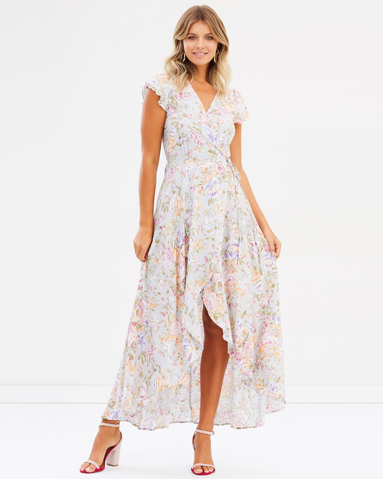 color block pleated maxi dress Pleated Chiffon Floral Color Block Midi Trapeze Dress In Blue Multi