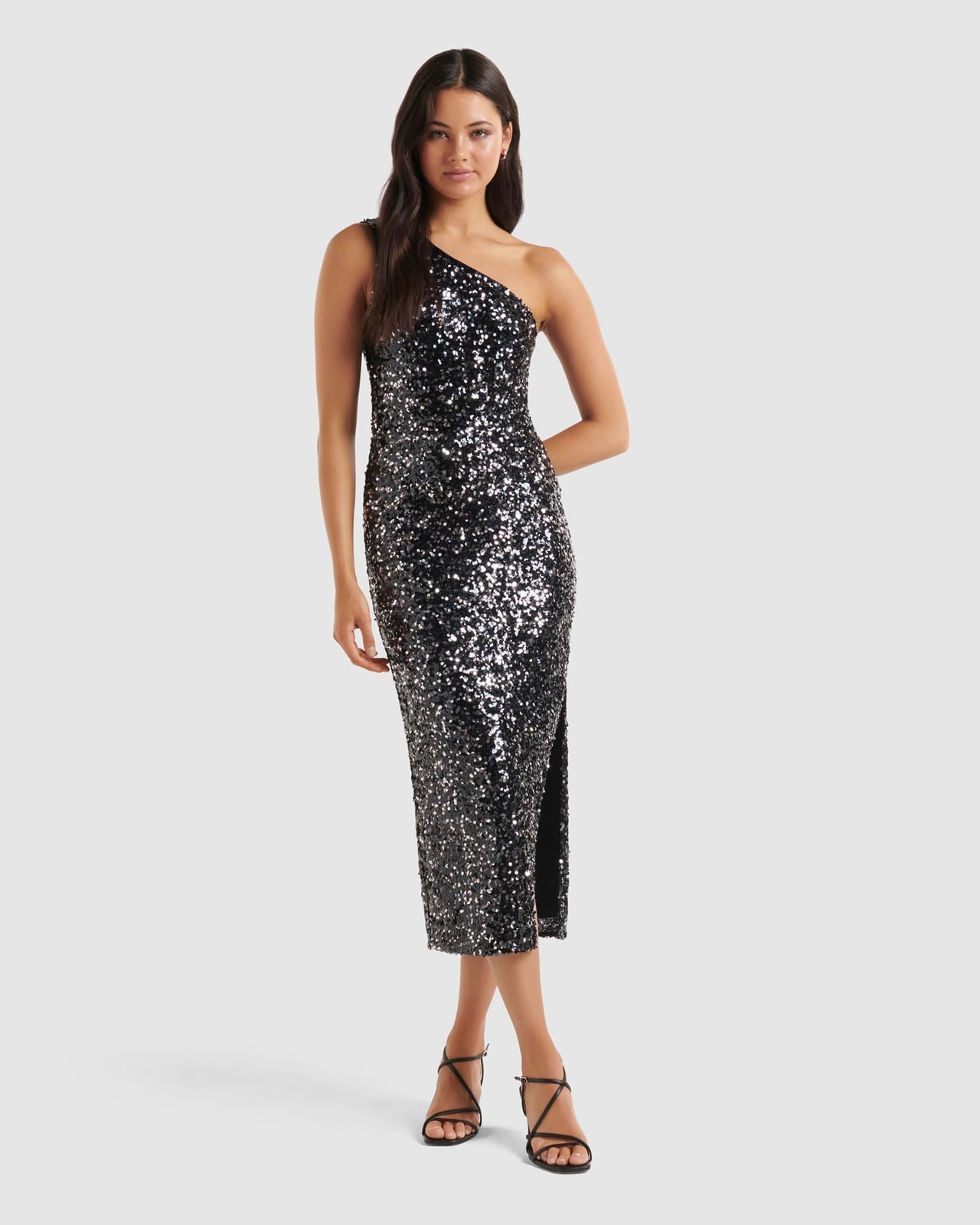 strapless open back dress Rent Collective The Label Petite Exclusive One Shoulder Cut-Out Sequin Midi  Dress In Colour Block