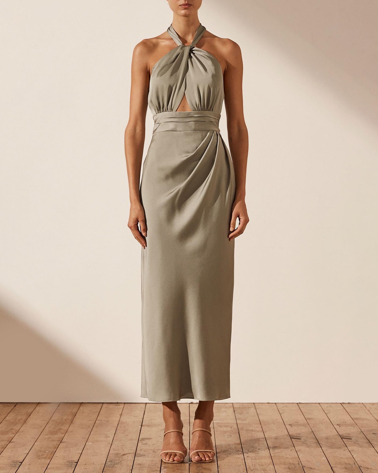 luxe gathered halter midi dress Black Gathered Halter Backless Maxi Cabo Dress L