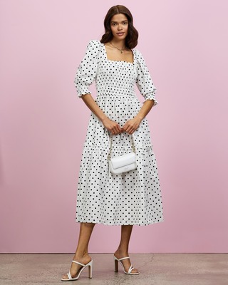 knee length dresses for ladies Topshop Button Down V Neck Tie Front Midi Dress In Polka Dot Print