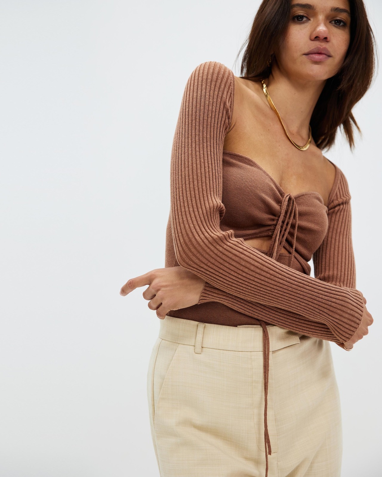 Long Sleeve Tie Neck Knit Top