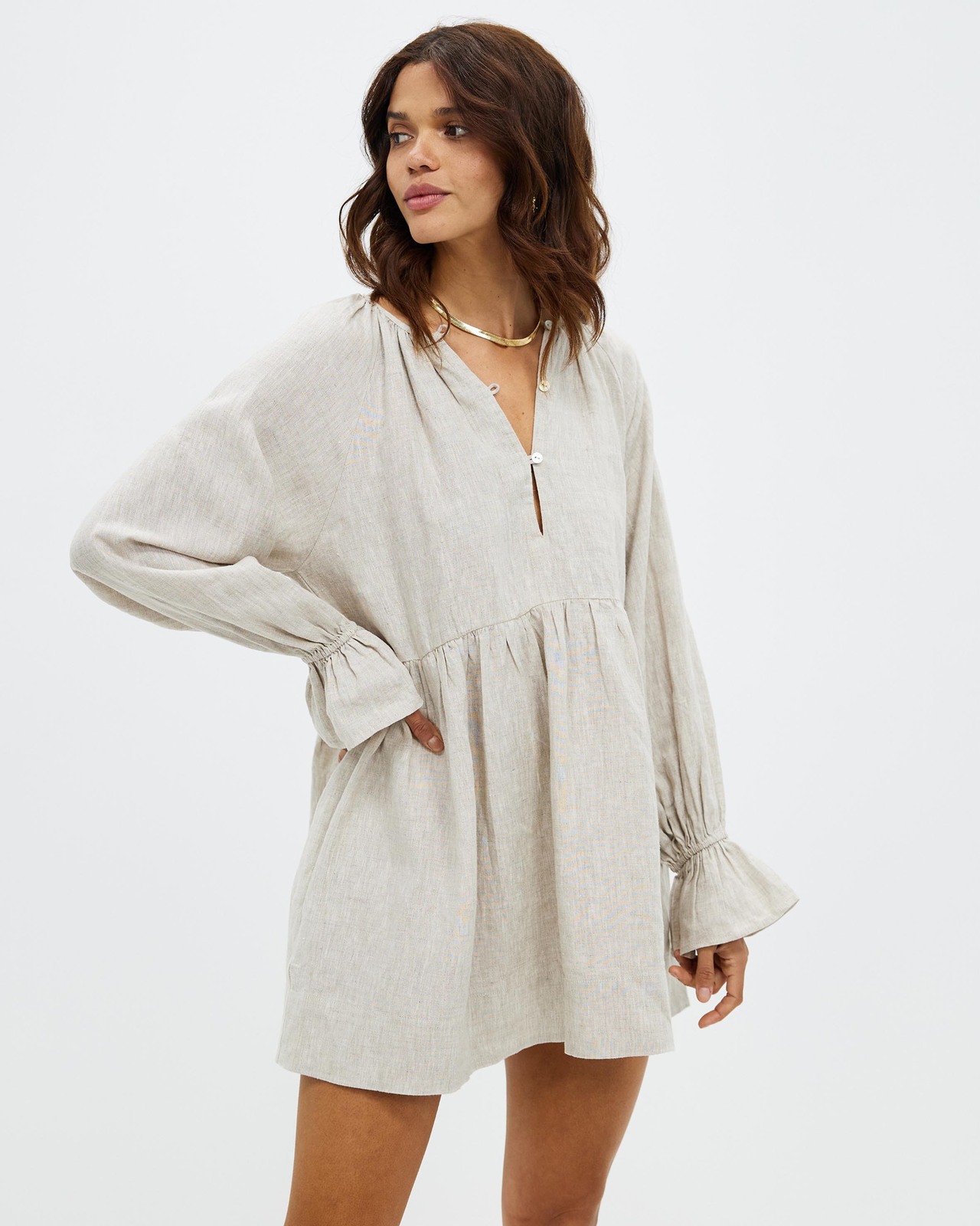 Linen Smock Dress with Frill Sleeves