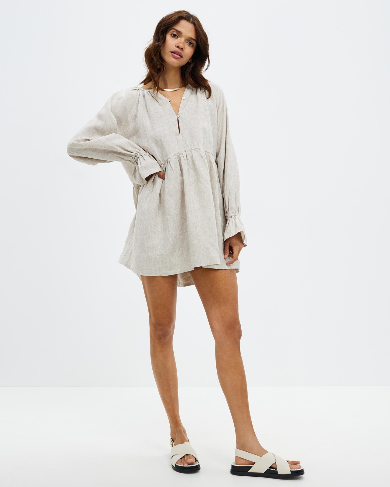 Linen Smock Dress with Frill Sleeves