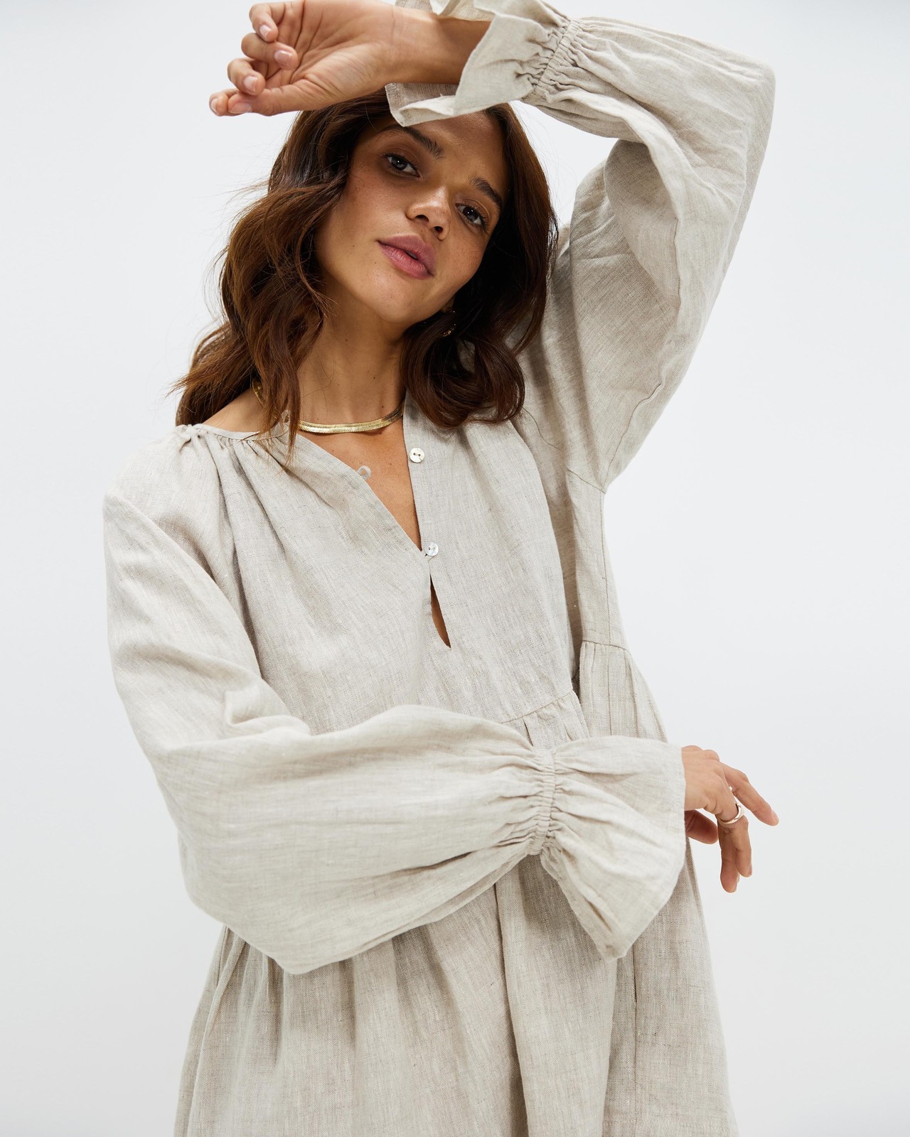 Linen Smock Dress with Frill Sleeves