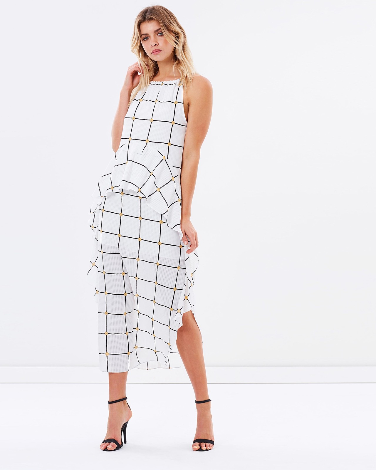 Chateau Ruched Ruffle Midi Dress