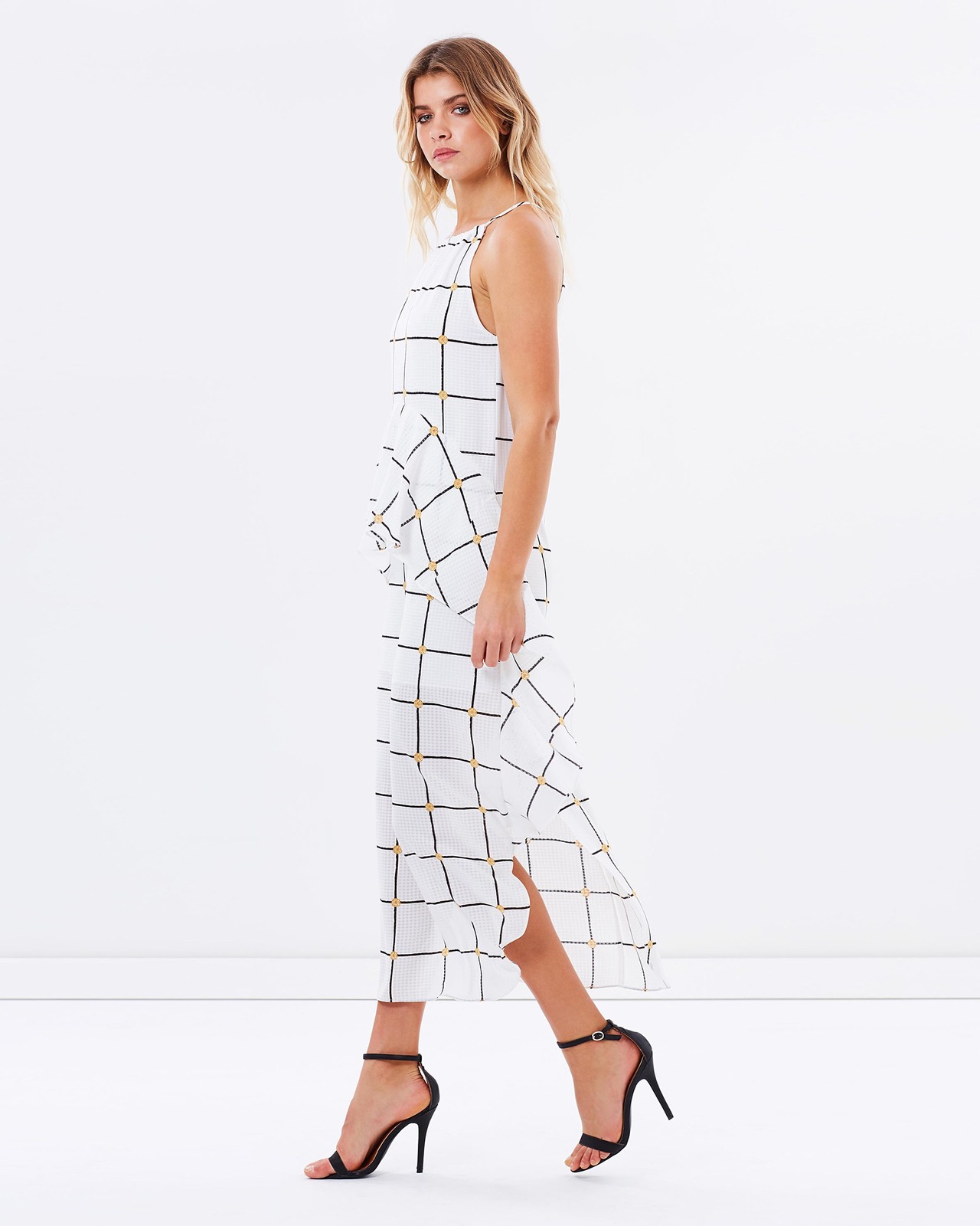 Chateau Ruched Ruffle Midi Dress