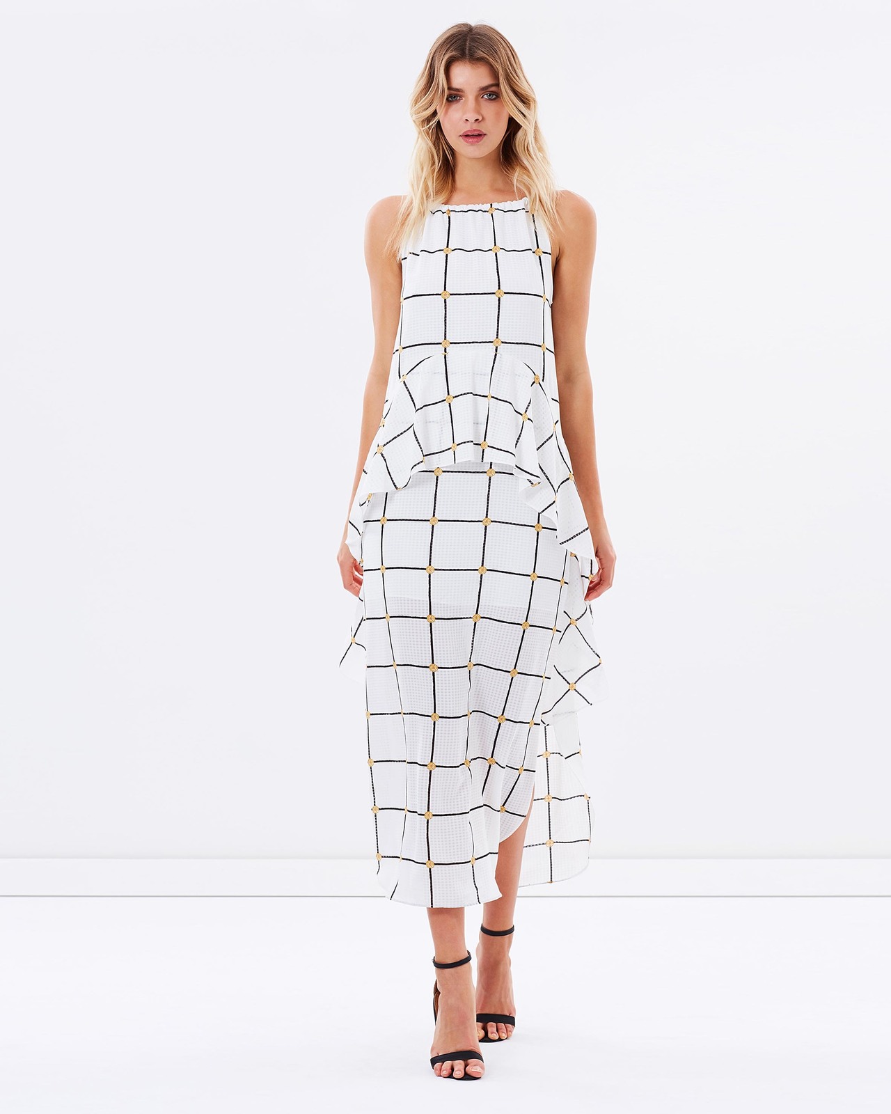 Chateau Ruched Ruffle Midi Dress