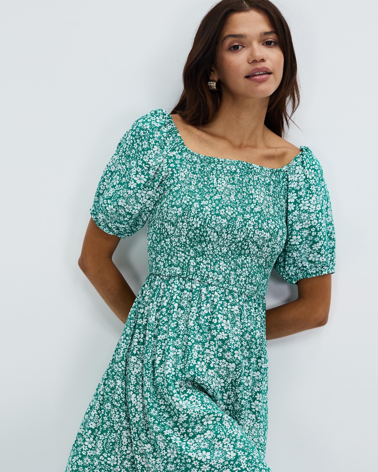 Apricot Ditsy Shirred Midi Dress - AirRobe Apricot Ditsy Shirred Midi Dress - AirRobe