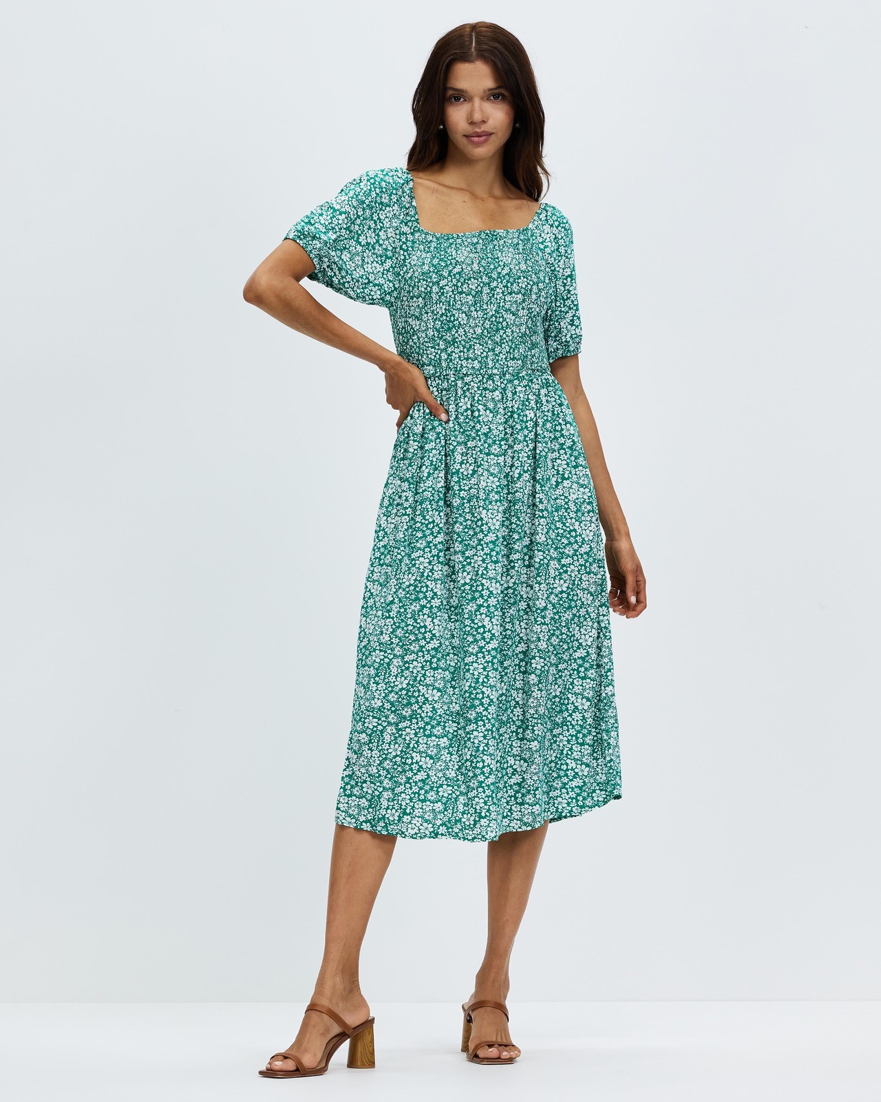 Apricot Ditsy Shirred Midi Dress AirRobe