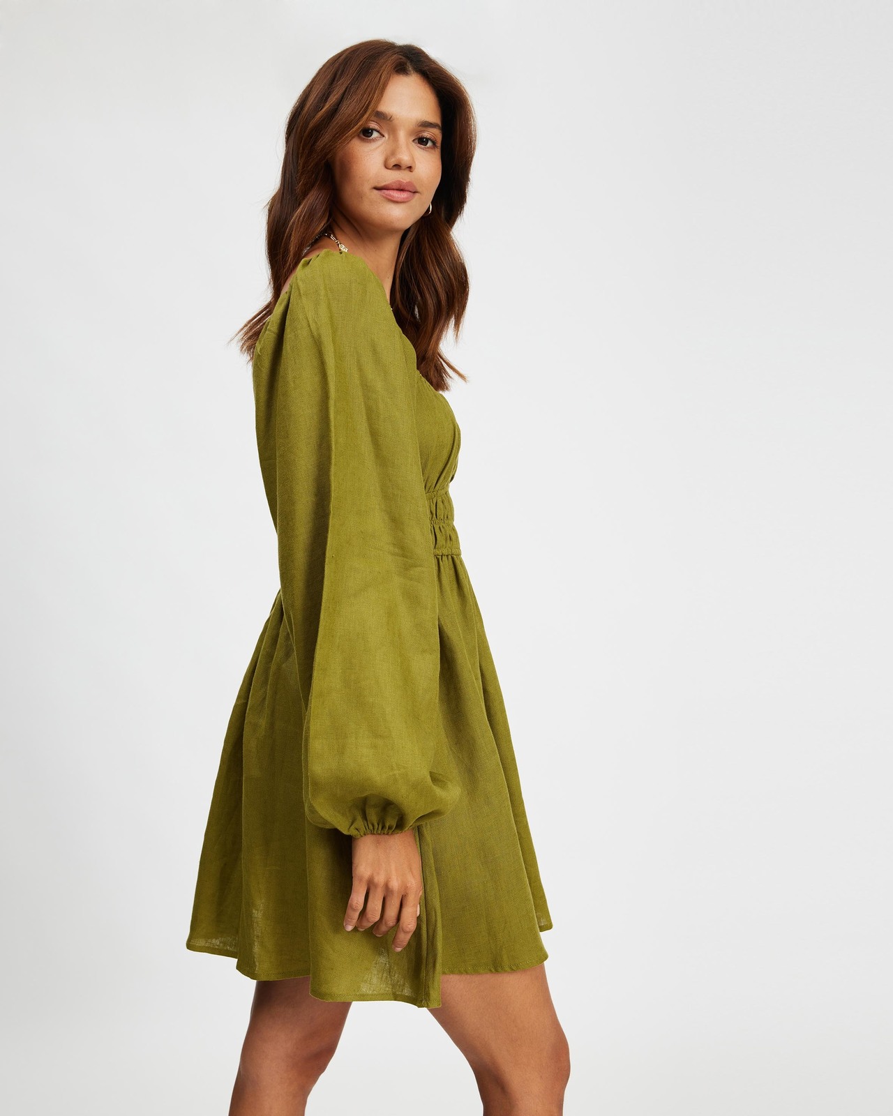 Gathered Linen Mini Dress