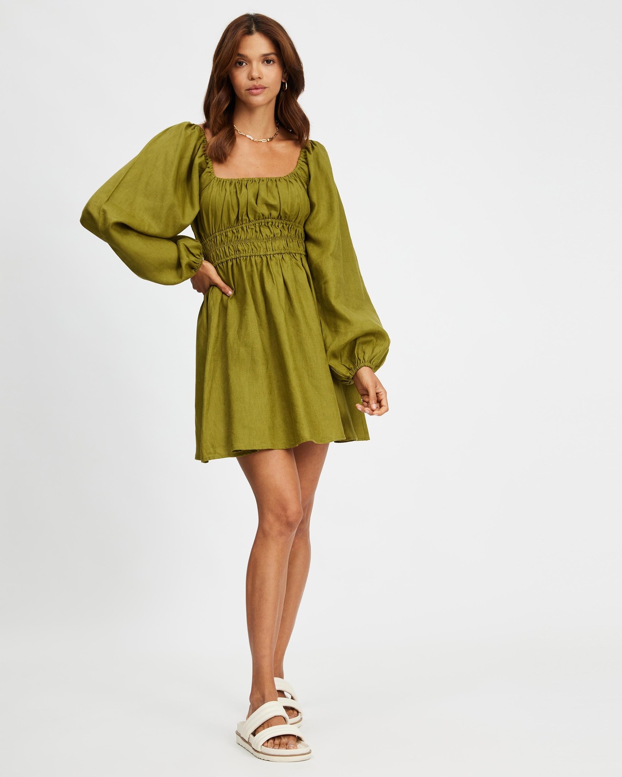Gathered Linen Mini Dress