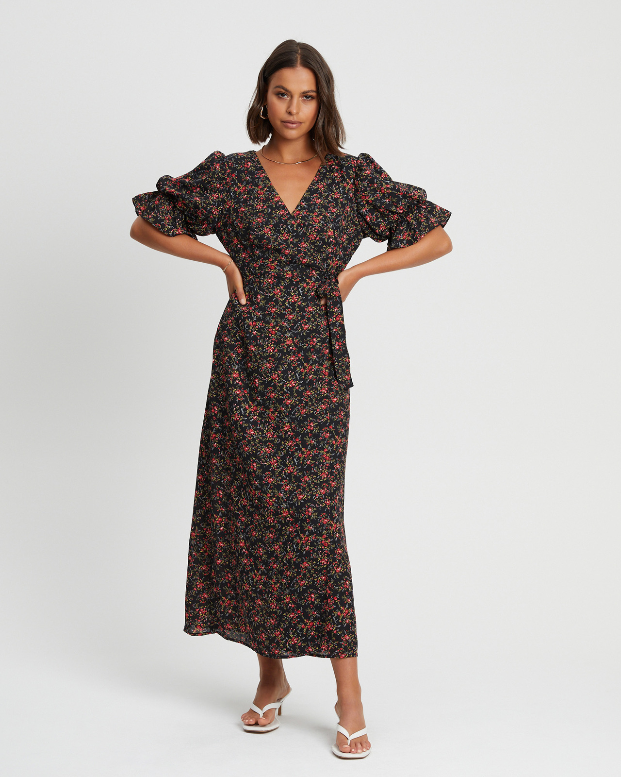 knee length dresses for ladies Faux Wrap Midi Dress