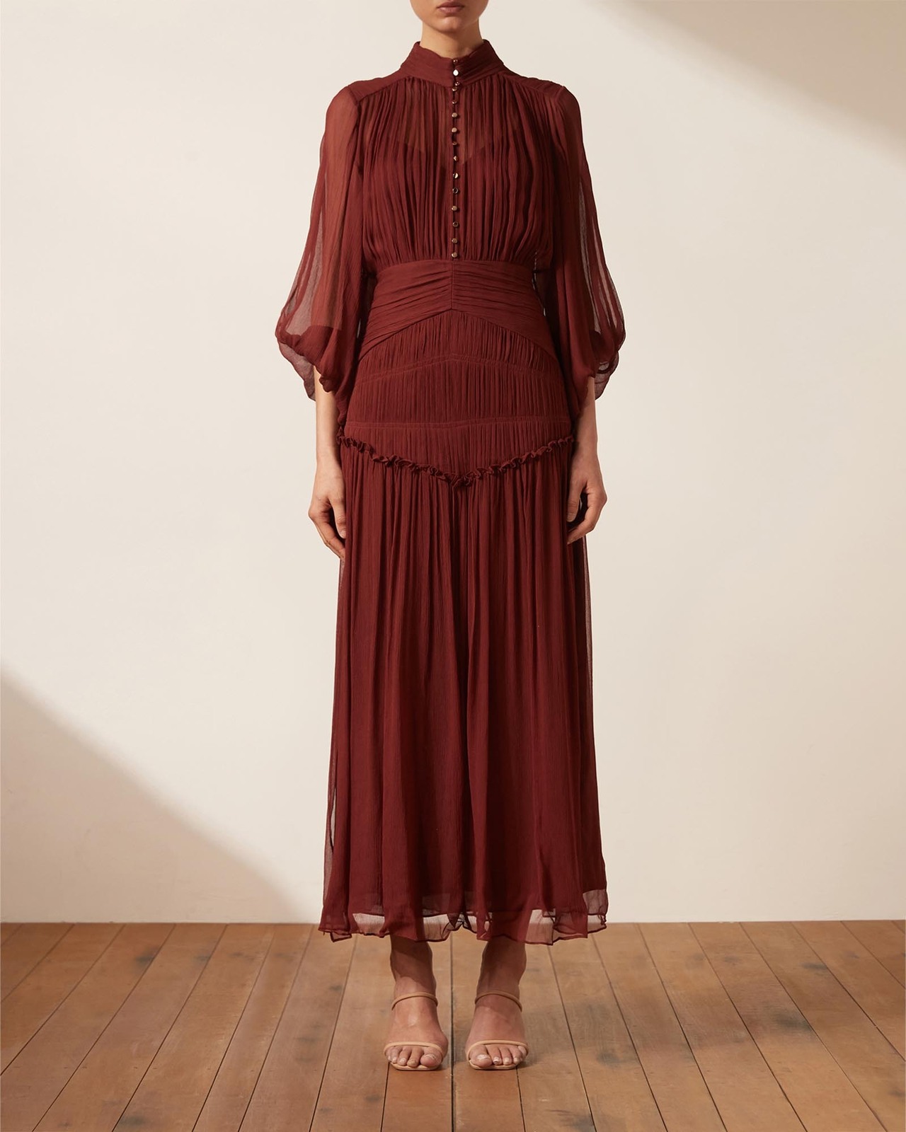 shona joy burgundy dress Shona Joy - La Lune Plunged Long Sleeve Maxi Dress - Espresso
