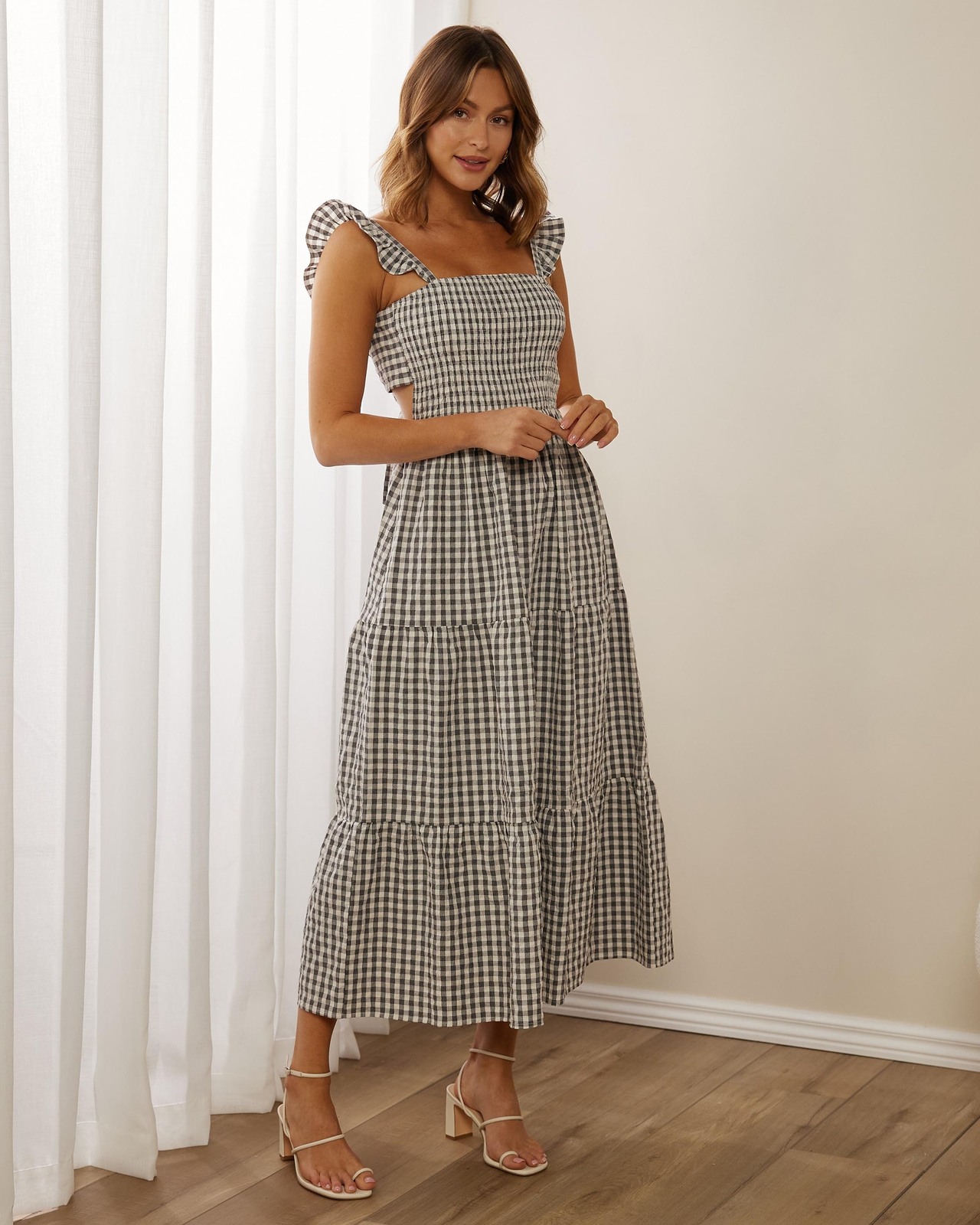 Gaia Shirred Tie Back Cotton Blend Midi Dress