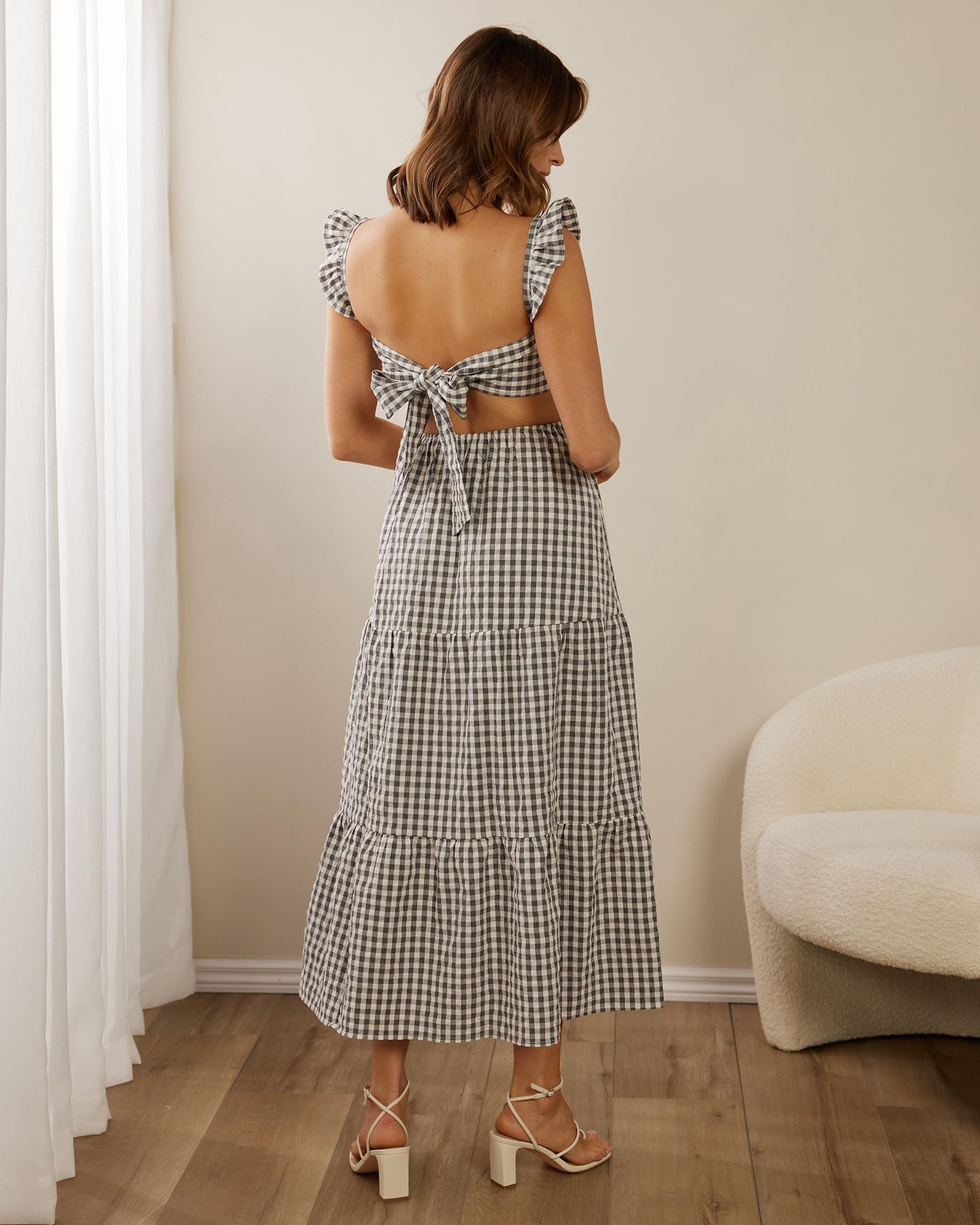 Gaia Shirred Tie Back Cotton Blend Midi Dress