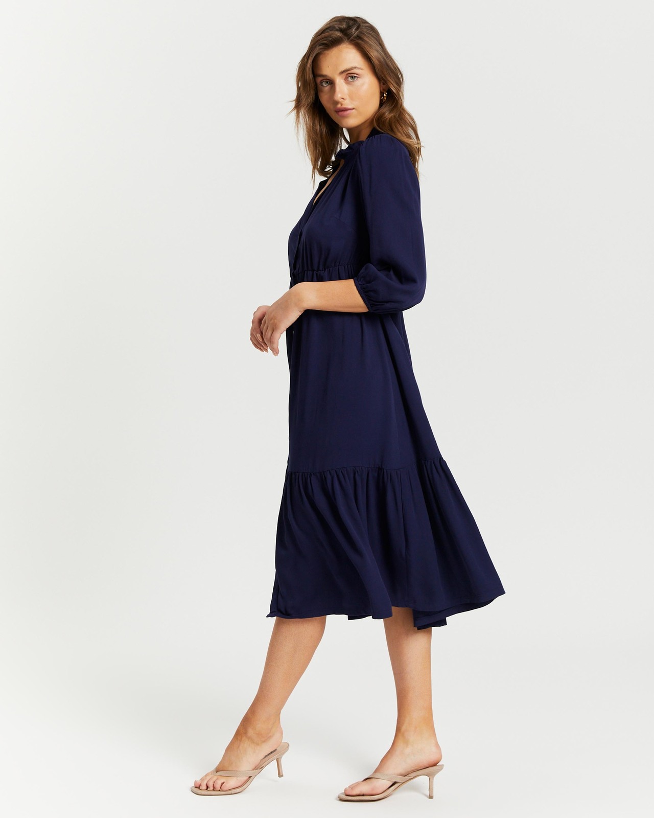 linen midi dress long sleeve Linen Midi Dress EMMA with Long Sleeves and Dropped Waist XS / Lavender