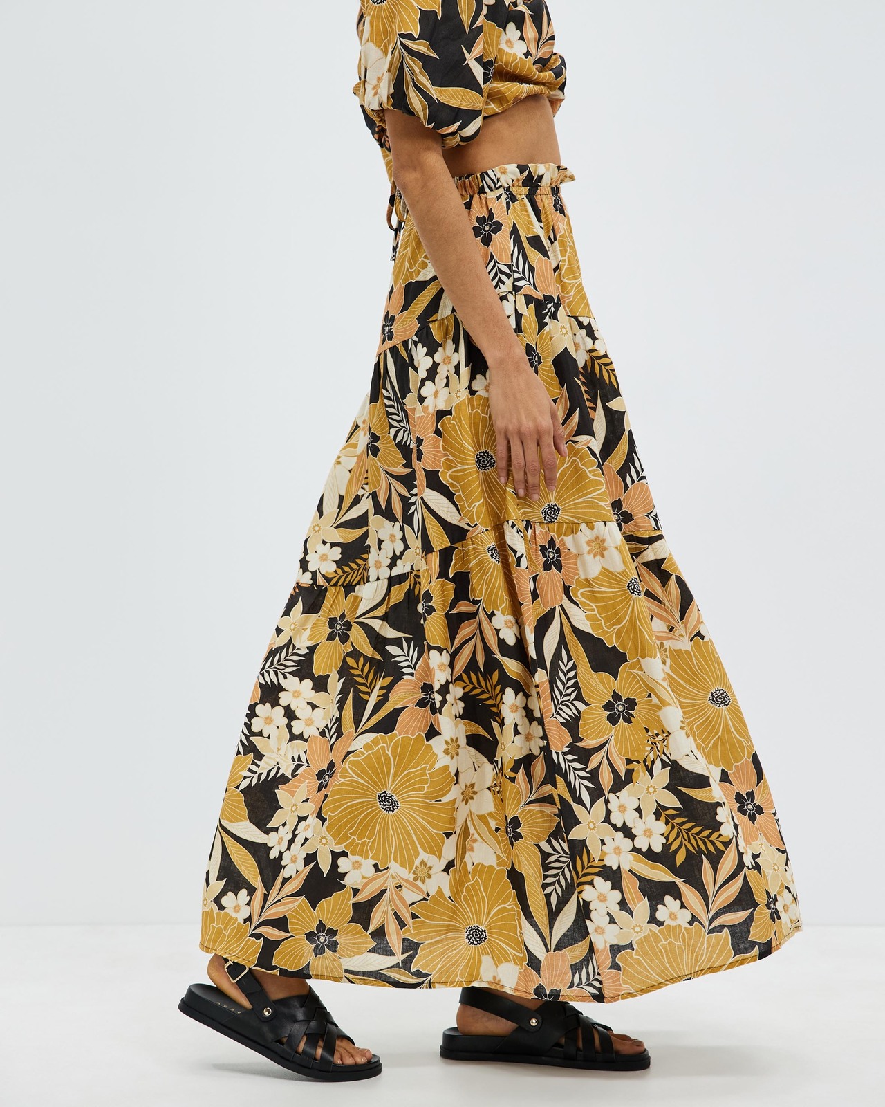 Asymmetric Tiered Linen Maxi Skirt